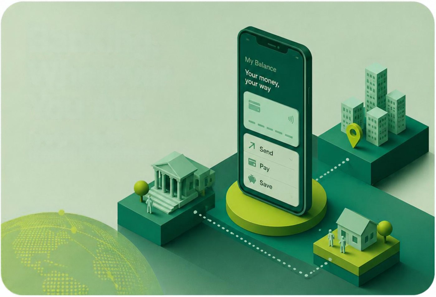 Illustration: a phone connecting institutions across a map