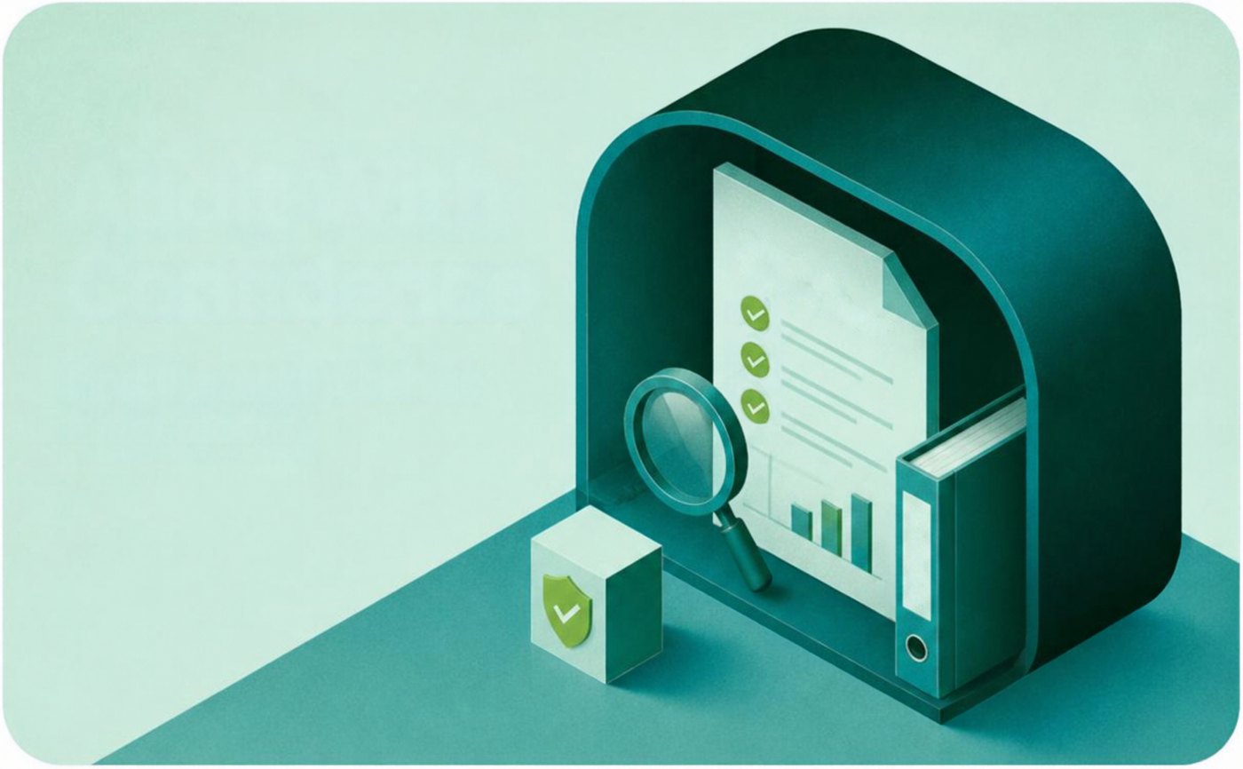 Illustration: assurance documents with a magnifying glass
